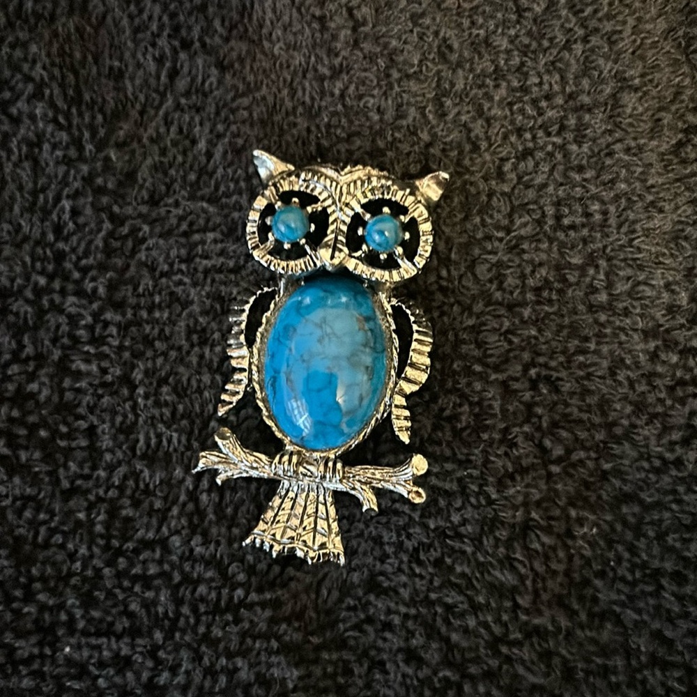 Vintage silver with blue owl brooch